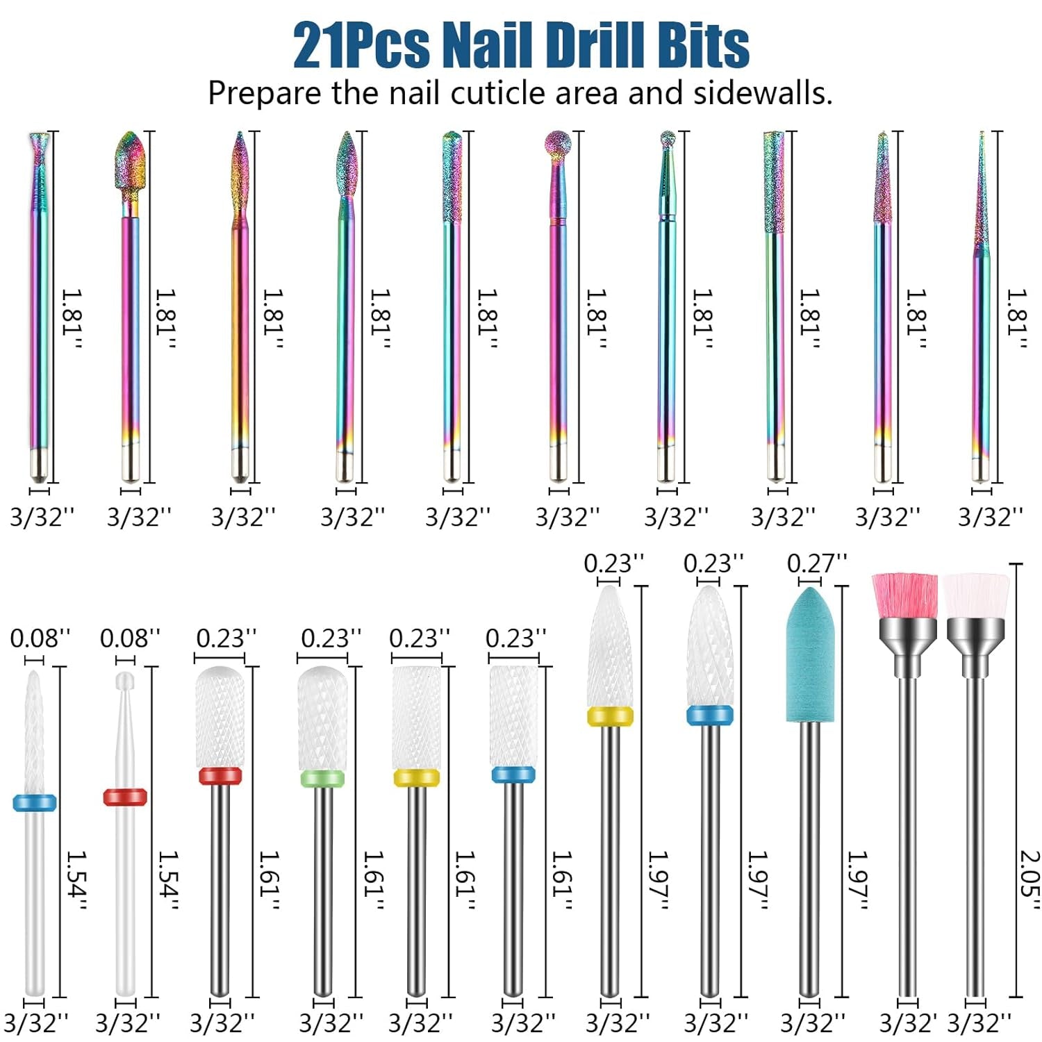 21-Piece Nail Drill Bits Set – 3/32" Professional Manicure & Pedicure Kit